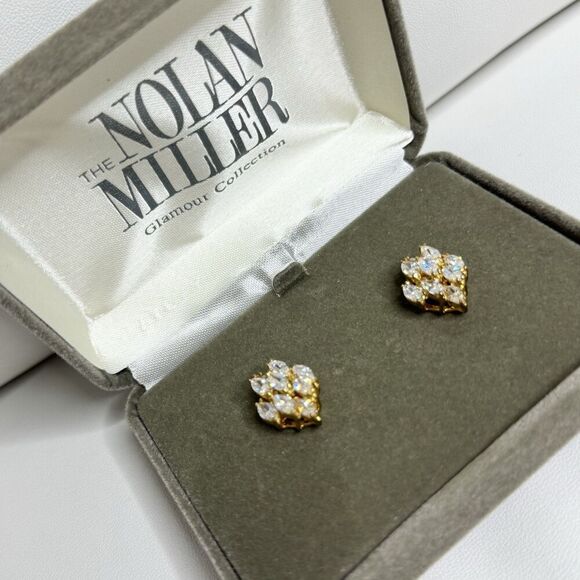 NEW Nolan Miller Earrings Yellow Gold Plated Honeycomb Rhinestone Cluster VTG - Picture 1 of 8